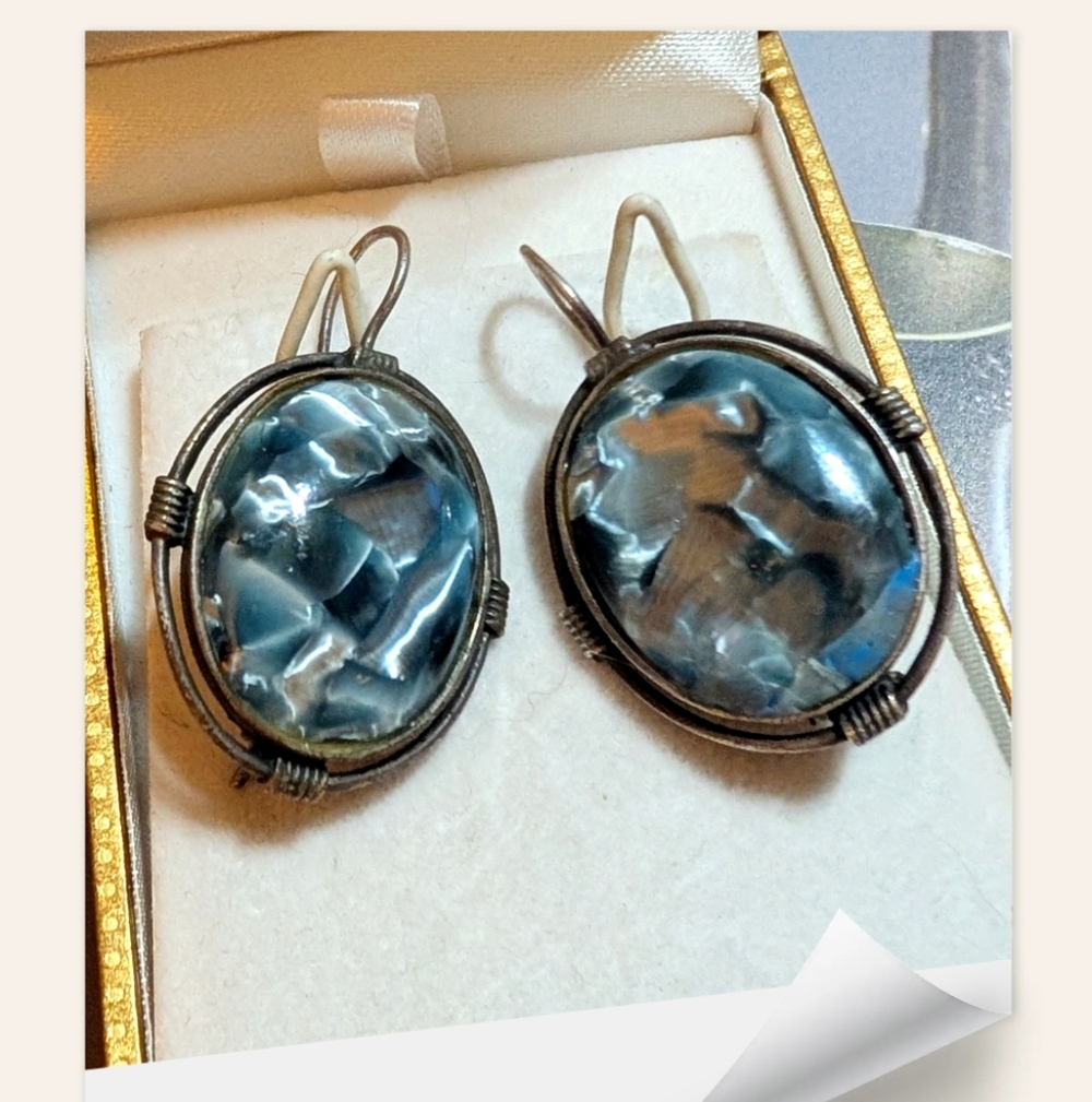 Vintage Artisan Blue Abalone Bullseye Sterling Earrings